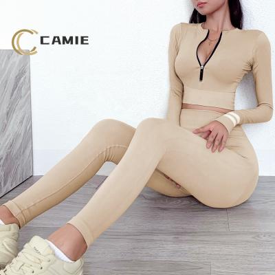 China CAMIE Breathable SPORT Women Sexy Comfy Customize Zip Up Long Sleeve Crop Top Seamless Gym Wear Fitness Gaiters Yoga Wear Set for sale