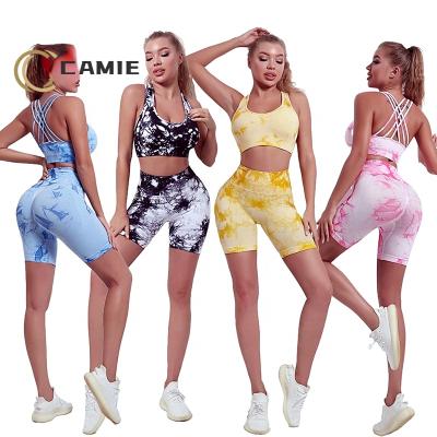 China CAMIE SPORT Breathable 2 Pieces Sportswear Activewear Strap Spaghetti Sets Workout Set Tie Dye Sports Bra With Shorts Yoga Sport Set for sale