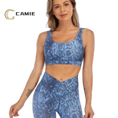 China CAMIE Print Breathable Custom Women Fitness Yoga Gym Workout Sports Snakeskin Pattern Bra V Cut Out Leggings Set for sale