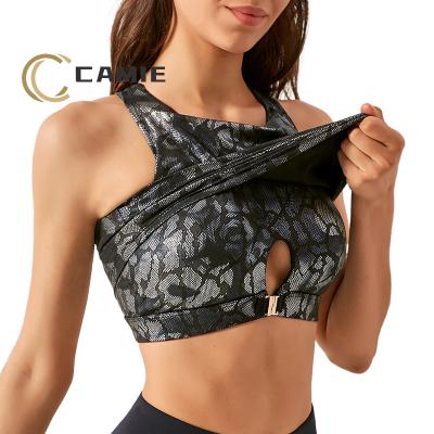 China Breathable CAMIZE ESSENTIAL Lift Up Padded Gym Fitness Bras Crop Tops Women Snake Skin Nylon Yoga Workout Sports Bras With Removable Pads for sale