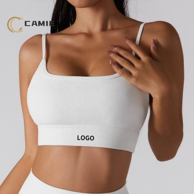 China 2022 new CAMIE QUICK DRY white ribbed high print adjustable back bra ties crop top sports bra for sale