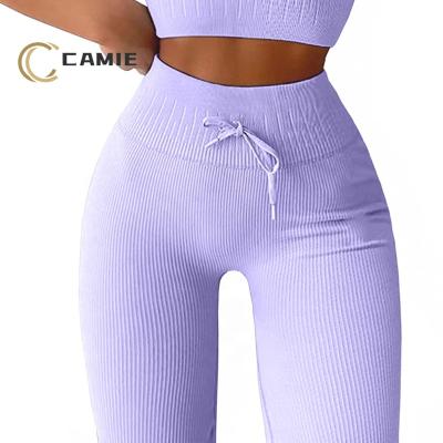 China High Waist Antibacterial Ribbed Seamless Leggings Drawstring Fitness Gym Legging Workout Lift Up Leggings Butt Crack! crack! sport wear yoga pants for sale