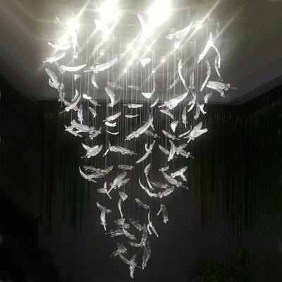 China Contemporary Custom Large Staircase Decoration Hotel Lighting Feather Artistic Glass Led Chandelier for sale