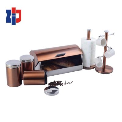 China Viable Rose Gold Painting Kitchen Set Bread Box Coffee Tea Sugar Canister Paper Roll Holder Cup Tree Stainless Steel for sale