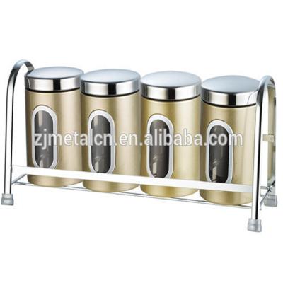 China 4pcs Stainless Steel Kitchen Accessories Gold Tea Coffee Sugar Canister Viable Canister With Grid Rack for sale