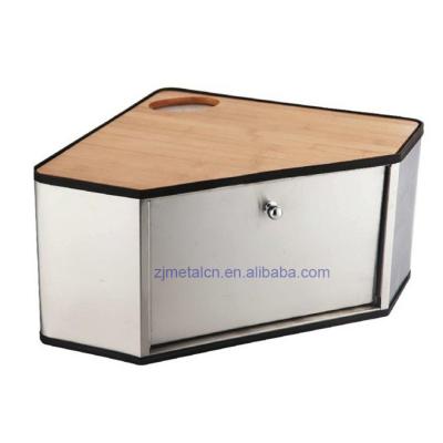 China Sustainable new design scrap front metal lfgb household kitchen accessories bread box with bamboo board for sale