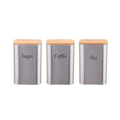 China New Style Sustainable Kitchen Stainless Steel Kitchen Coffee Tea Sugar 3pcs Square Canister Set With Bamboo Lid for sale