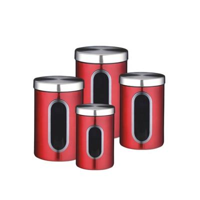 China Sustainable Wholesale Unique Red Kitchen Stainless Steel Canister Set With Window for sale