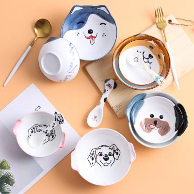 China Japanese Style Cute Viable Ceramic Dog Bowl Cartoon Porcelain Tableware Fruit Salad Bowl Dog Pattern Pet Bowl for sale