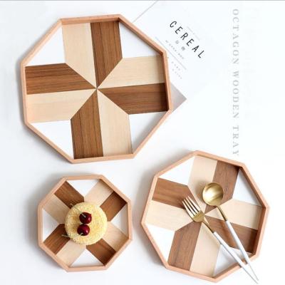 China Viable Octagonal Storage Tray Polygon Mosaic Solid Wood Baking Tray Nordic Dessert Fruit Plate 34*34*3cm for sale