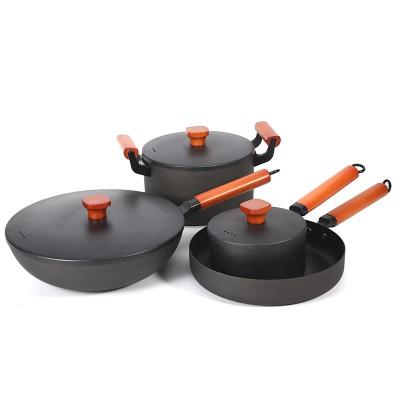 China Cast Iron Sustainable Non-Oily Cookware Sets Kitchenware With Soup Pot Milk Pot Stick Non Frying Pan And Wok Pan for sale