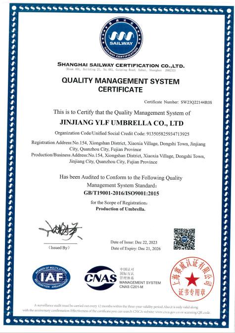 ISO9001 - Jinjiang YLF Umbrella Co., Ltd.