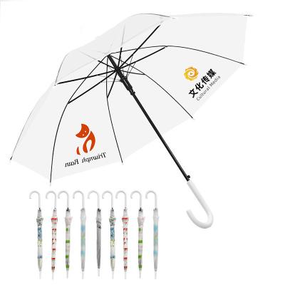 China Custom Curved Handle Straight Bone Transparent Umbrella for Advertising and Gift for sale