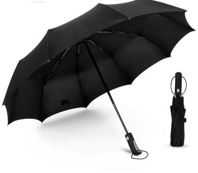 China Black Steel Shaft 10K 190T Pongee Adults Automatic 3 Fold Umbrella with Logo Prints for sale