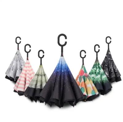 China Custom Printed Windproof Inverted Reverse Umbrella with C Handle Advertising Umbrella for sale