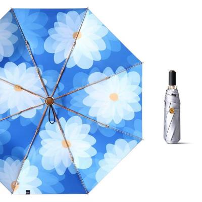 China Product Advertising Umbrella Item Color Glue Umbrella 3 Folding Silver Titanium UV Protection for sale