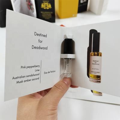 China Cheap Small Size 2ml Perfume Card Printed Decorative 1ml 2ml Perfume Tester Bottle Card Bottles Perfume Gift Vouchers for sale