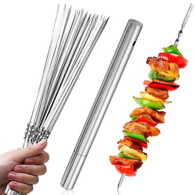 China Easily Cleaned Skewers For BBQ Stainless Steel Skewers Reusable Kebabs GRILL Camping Flat Fork Instruments Kitchen Accessories for sale