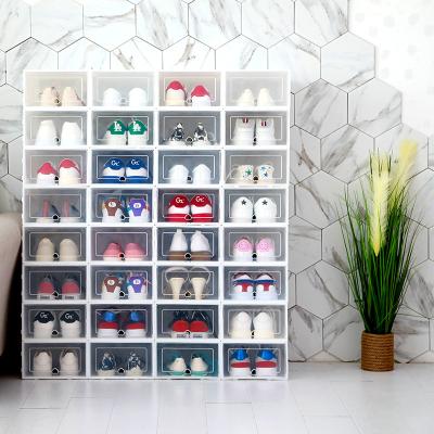 China Viable Thicken Transparent Shoe Storage Box Stackable Plastic Sliding Door Large Home Storage Box for sale