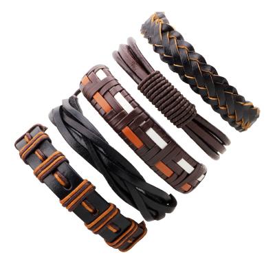 China Environmental Friendly Handwoven Leather Bracelet Set Personality Punk Men's Adjustable Leather Bracelet for sale