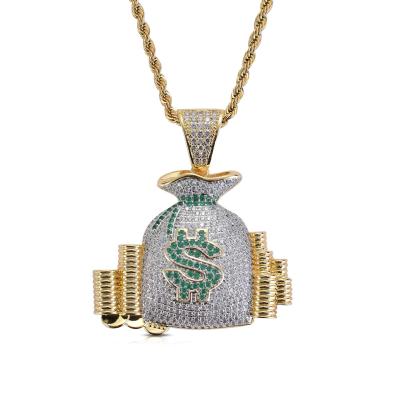 China Hip Hop Dollar Sign Necklace Cubic Zirconia Money Bag Necklace Hippie Copper Inlay Necklace Jewelry for sale