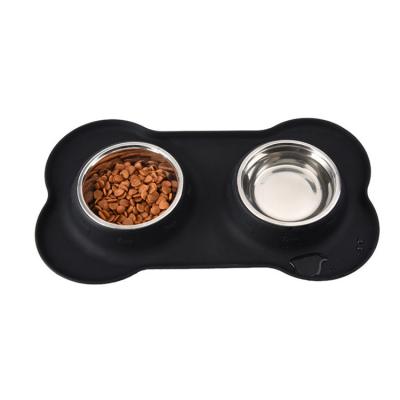 China Durable Dog Bowl Silicone Mat Feeder Tool Pet Supplies Stainless Steel Anti-Slip Water Double Bowl for sale