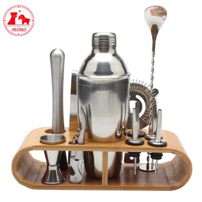 China Sustainable Stainless Cocktail Shaker Set Barware Set Bar Shaker Set With Wooden Stand for sale