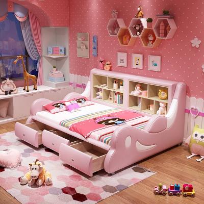 China Modern Pink Double Multifunctional Kids Wooden Beds With Storage Area Sleeping Bed for sale