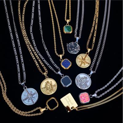 China CLASSIC Popular Saint Christopher Green Opal Gold Silver Compass Black Onyx Lazulite Compass Necklace 316 Stainless Steel Pendant Necklace for sale