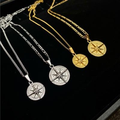 China CLASSIC Custom LOGO Men Polaris Compass Necklace Stainless Steel Pendant Necklace With 3mm Figaro Chain for sale