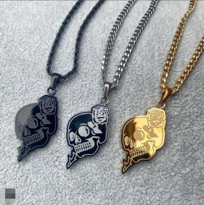 China Custom CLASSIC LOGO Men Skull Rose Pendant Necklace Stainless Steel Necklace with 2mm Rope Chain for sale