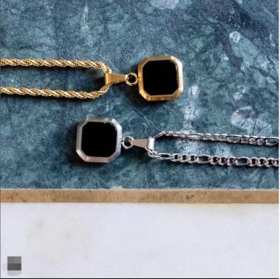 China Popular Black Onyx CLASSIC Men's Square Necklace Stainless Steel Pendant Necklace With 2.5MM Rope Chain for sale