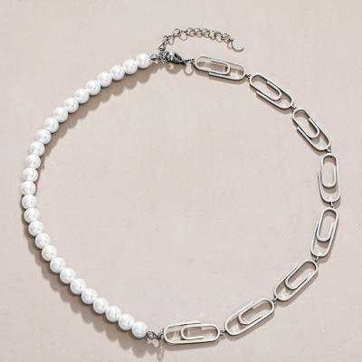 China CLASSIC 50+5CM Paper Clip Chain Link Imitation Glass Pearl Necklace Stainless Steel Men's Necklace for sale