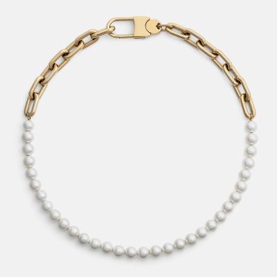 China CLASSIC Half Pearl 8MM 7MM Half Cable Chain Choker Link Chain Necklace Stainless Steel Synthetic Necklace for sale