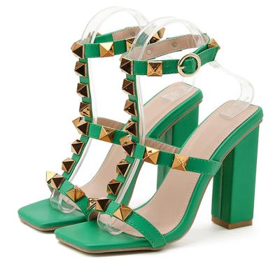 China Fashion Trend Metal Rivet Design Women High Quality Gladiator Sandals Summer Fashion Open Toe Ankle Buckle Strap Square Heels Shoes for sale