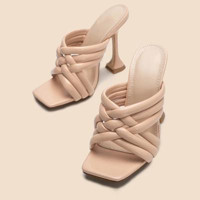 China Fashion Trend Black Square Toe High New Design 2021 Summer Heels Narrow Band Gladiator Sandal Slides Shoes Women Slippers for sale