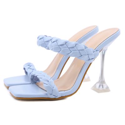 China Height Increasing 2021 New Summer Fashion Design Weave Design Transparent Strange High Heels Ladies Slippers Women Slips Open Toe Shoes for sale