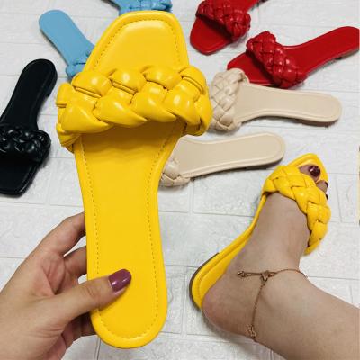 China Wholesale Fashion Trend Women's Slippers Cheap Soft Toe Pu Leather Weave Square Vendor Outdoor Beach Casual Flat Mules Heel Slides Shoes for sale