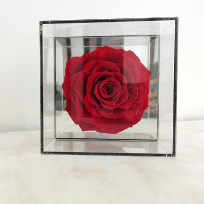 China Unique Original Factory Mirror Design Valentine's Day Gift Anniversary Gift Rose Immortal Natural Preserved Rose In Acrylic Box for sale