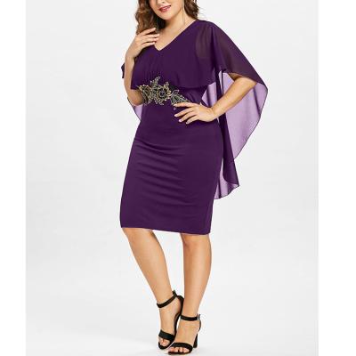 China New Party Fashion Viable Casual Solid Color Plus Size V-neck Embroidered Applique Dress for sale