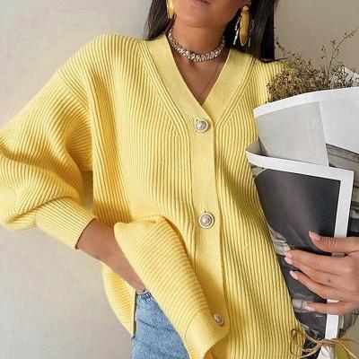 China Single Breasted Breathable V-Neck Knitted Cardigan Coat Casual Women Autumn Winter Lantern Sleeve Button Female Cardigan for sale