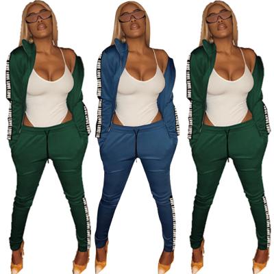 China Plus Size Letter Top Selling Casual Strap Sports 2 Pieces Fit Blue Words Printing Lady Cardigan Sweater Set Tracksuits for sale