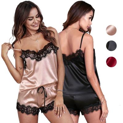 China Custom 2022 New Arrivals Summer Breathable Wholesale Sleepwear Set Logo Designer Sleep Wear Lace Satin Women Pajamas for sale