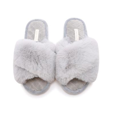 China CUSHIONING Custom Women's Cross Stripe Furry Slippers Bedroom Shoes Indoor Outdoor Comfortable Rabbit Faux Fur Slipper for sale