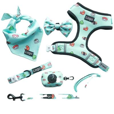 China Lovely New Pet Leash Collar Harness Polyester Pattern Dog Harness Tactical Soft Stocked Bow Tie And Leash Set for sale