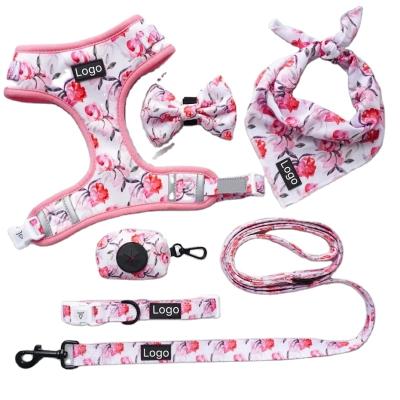 China OEM stocked accept adjustable dog collar leash and new reversible harness set with dog bow tie for sale