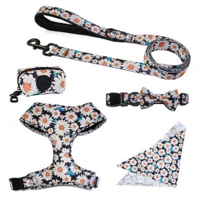 China Viable Hot Sale Breathable Luxury Collars Dog Vest Harness and Leash Set with Bow Tie Bandana for sale