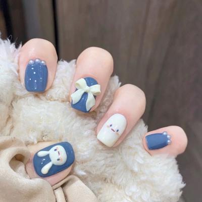 China Salon 24PCS/Box Short Bowknot Rabbit Pattern Pearl Square Designer Fashion Design French Style Full Tarpaulin Pressed Fake Nails for sale