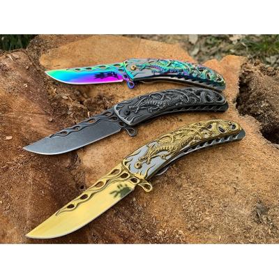 China High Precision Dragon Pattern High Quality Knife Hunting Survival Dragon Pattern Colorful Titanium Pocket Hunter Knives for sale