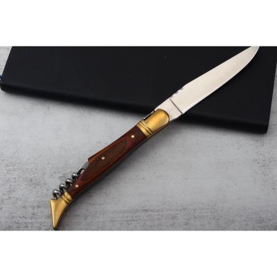 China Original Stainless Steel Cheese Knife 2in1 Blade Laguiole Pakka Handle Wooden Picnic Stocked Cork Screw Folding Steak Knife for sale